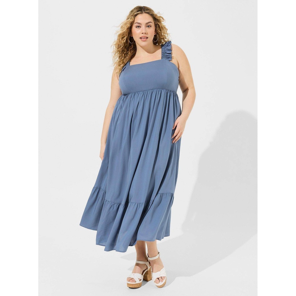 Torrid Blue Ruffle Strap Tiered Midi Dress Smocked Back Pockets Plus Size 3 3X
